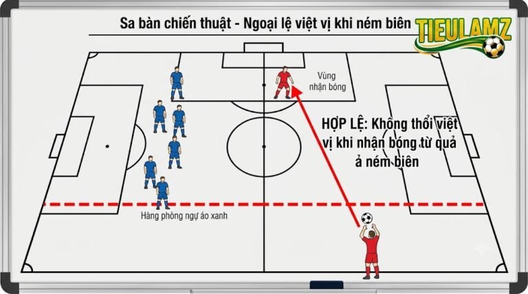 Sa bàn chiến thuật minh họa ngoại lệ không bị tính lỗi việt vị khi nhận bóng trực tiếp từ quả ném biên trong bóng đá