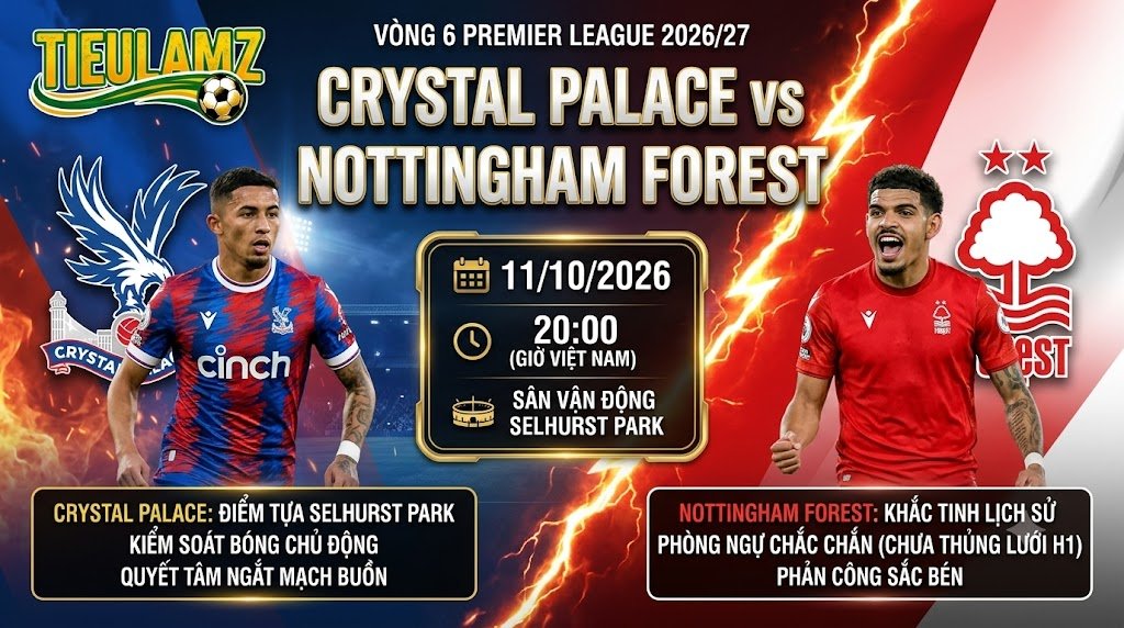 Nhận định bóng đá Crystal Palace vs Nottingham Forest vòng 6 Ngoại hạng Anh chi tiết trên Tiếu Lâm TV
