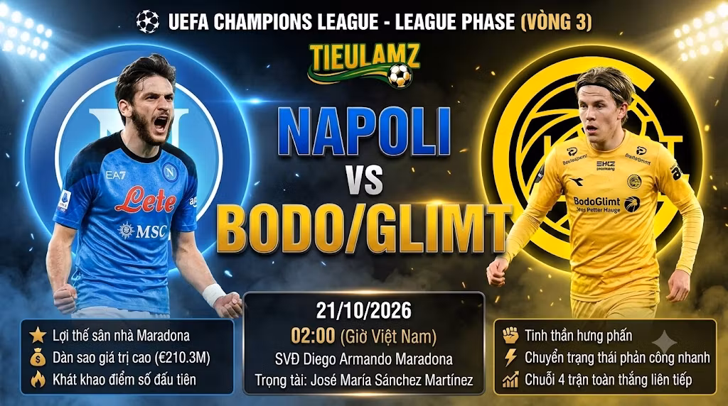 Nhận định bóng đá Napoli vs Bodo/Glimt vòng 3 Champions League tại TieuLamTV