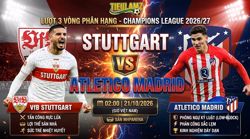 Nhận định bóng đá Stuttgart vs Atletico Madrid 02h00 ngày 21/10 vòng phân hạng Champions League 2026/27 tại TieuLamTV.